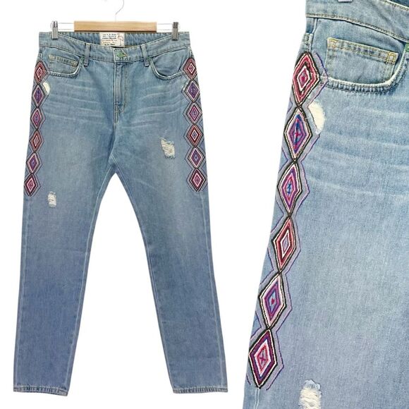 Sandrine Rose Embroidered Boyfriend Jeans Size 28 | 6 Handmade in LA Boho Chic - Picture 1 of 14